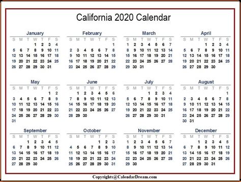 Free 2020 California Printable Calendar With Holidays Pdf Calendar