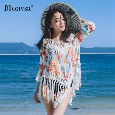 Monysa Floral Printed Sexy Bikini Cover Up Women Praia 2018 Summer Hollow Crochet Beach Tunic