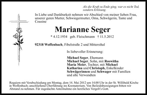 Traueranzeigen Von Marianne Seger Trauer Nn De