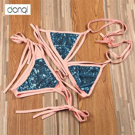 Sexy Halter Swimsuit 2017 High Neck Bandage Bikini Sequins Swimwear Bathing Suit Bling Sequin