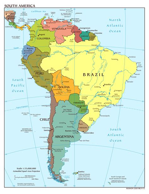 Подробная политическая карта Южной Америки со столицами и крупными