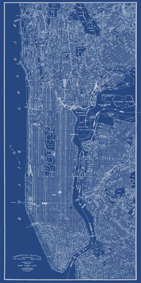 Manhattan Blueprint Map Manhattan Nyc Map New York City Etsy