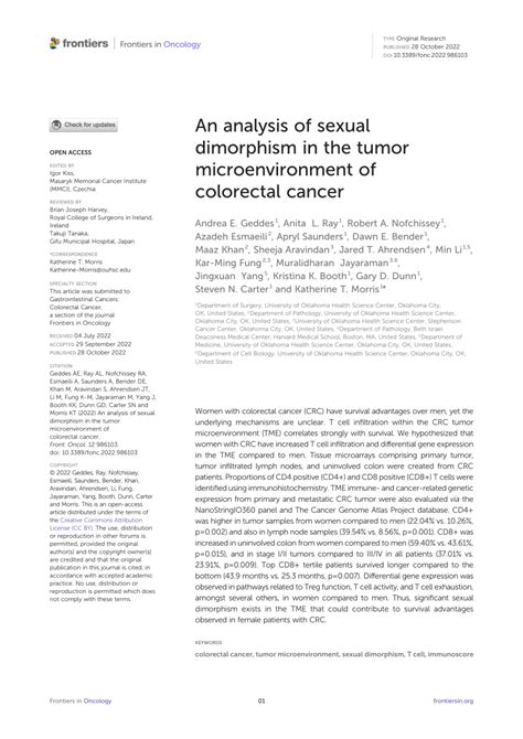 Pdf An Analysis Of Sexual Dimorphism In The Tumor Microenvironment Of Colorectal Cancer