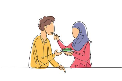 continuous one line drawing romantic arabian woman feeds her husband happy couple dinner