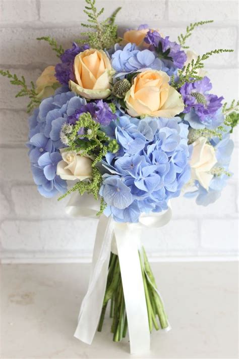 Light Blue Hydrangea And Peach Roses Wedding Bouquet 4 Seasons Flowers