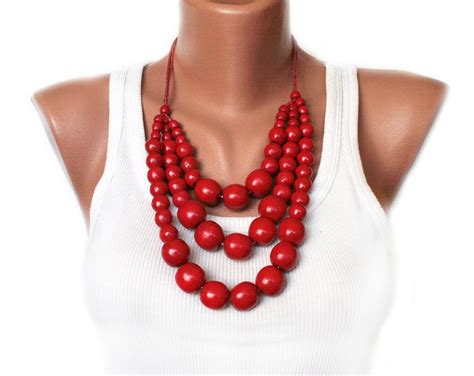 Red Big Bead Necklace Beige Necklaces Wooden Bead Necklaces Beaded