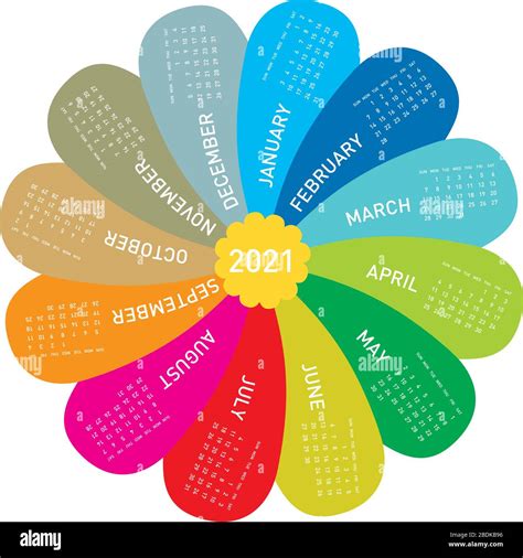 Calendario Colorido Para 2021 En Vectores Diseño Floral Cada Mes En Un Pétalo Imagen Vector