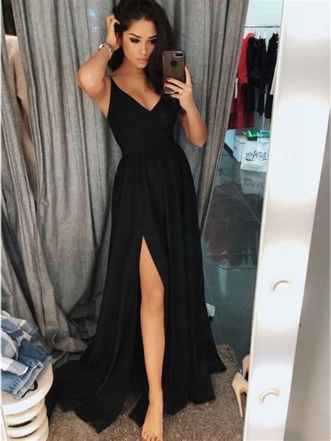 V Neck Black Prom Dresses With Slit Black Formal Evening Graduation D Morievent