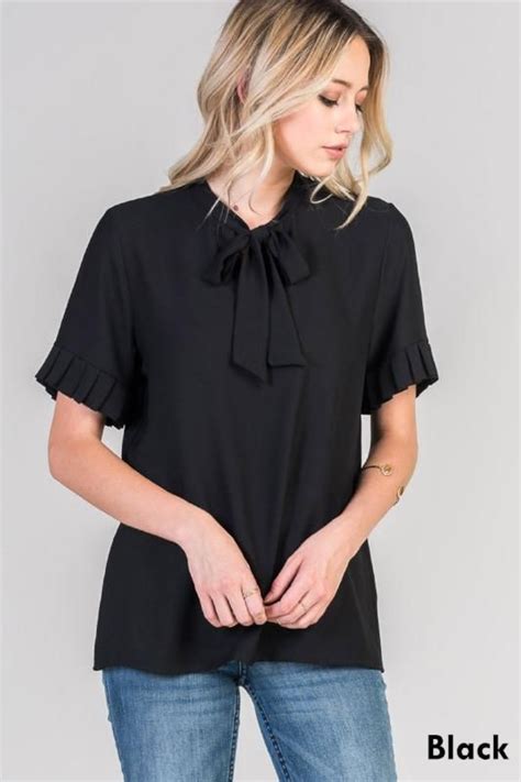 Black Neck Tie Blouse With Short Pleated Sleeves Esther Tie Blouse Pleated Sleeves Blouse