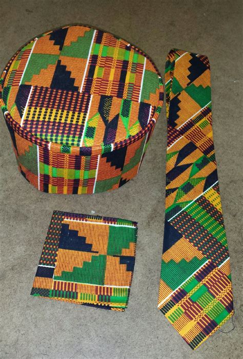 3pc African Kente Hat Kufi Andtie Set 100 Cotton Hat All Sizes Free Shipping By