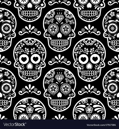 Mexican Sugar Skull Seamless Pattern On Bla Vector Image