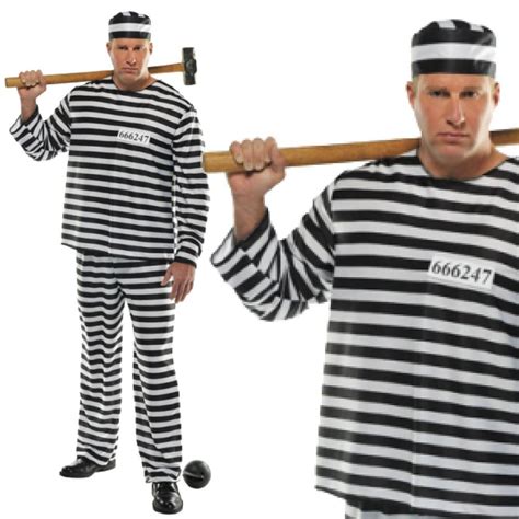 Mens Convict Fancy Dress Costume Prisoner Jailbird Con Outfit Inmate