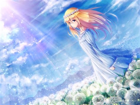 Wallpaper Anime Girl Flowers Blonde Dress Sunlight