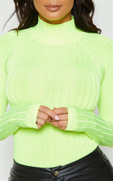 Neon Lime Slinky Rib High Neck Top Tops Prettylittlething