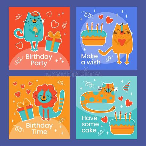 Birthday Ig Post Cats Cute Cartoon Flat Style Vector Set Stock Vector