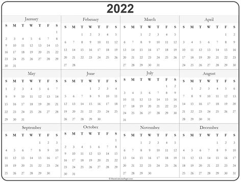 Printable Yearly Calendar 2022 Full Year Free Printable 2022