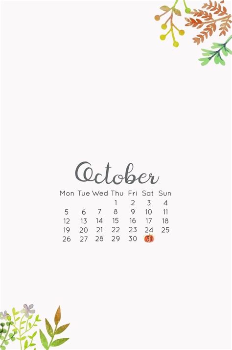 An October Calendar With Watercolor Leaves On It