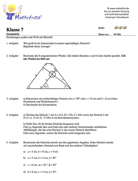 Geometrie Klassenarbeit Klasse 7 Dreiecke SSW SWS WSW Winkel