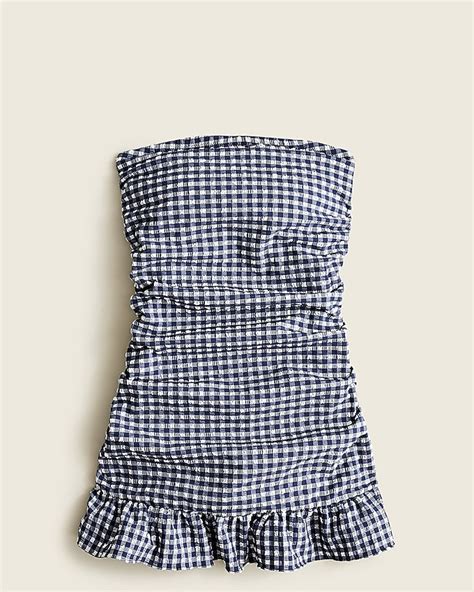Jcrew Ruched Bandeau Swim Dress In Puckered Gingham For Women