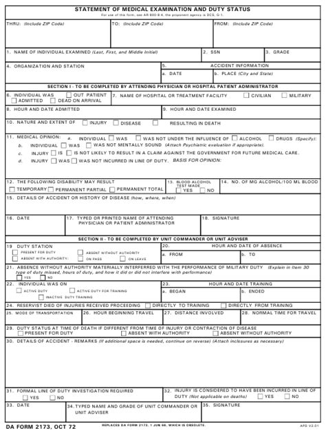 Printable Da Form 2173 Pdf Medical Examination Medical Legal Forms