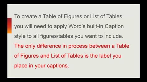 Create A Table Of Figures Or List Of Tables Youtube
