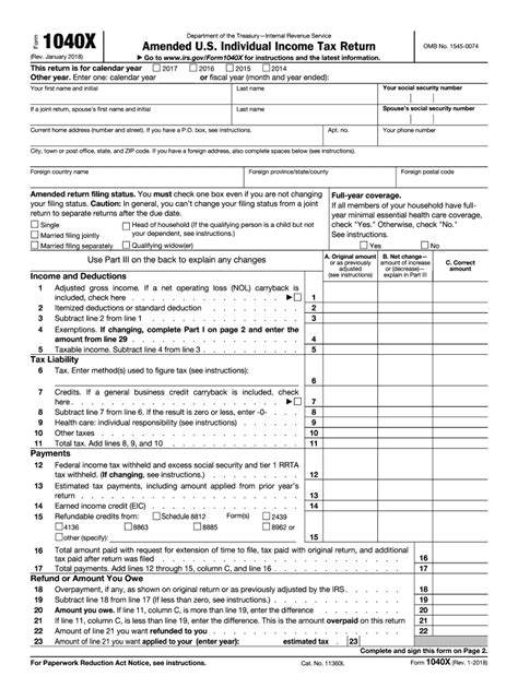 Form 1040x Amended Us Individual Income Tax Return Rev January