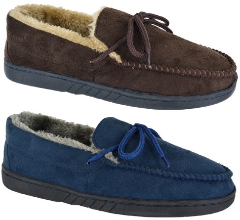 New Mens Leather Upper Suede Flat Hard Sole Moccasin Warm Slippers Sz 6
