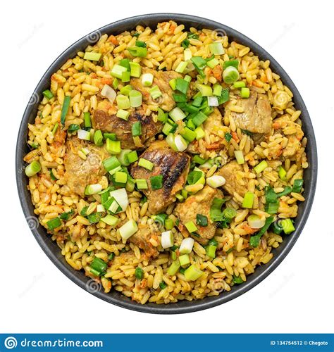Rice Pilaf With Meat Carrot And Onion Bowl Isolated On White