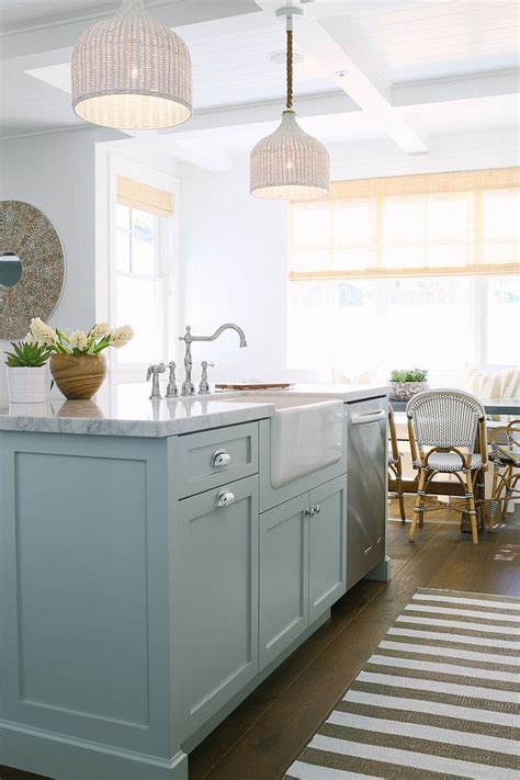 The pink fridge is great! Inspiring White Kitchen with Light Blue Island - Home ...