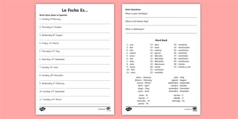 Spanish Date Writing Worksheet Months Of The Year