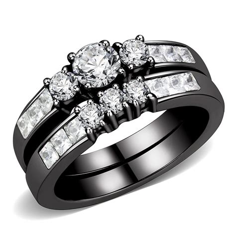 Three Stone Type Round Cz Black Ip Stainless Steel Wedding Ring Set