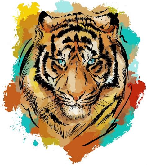 Primer Plano De Una Cara De Tigre Pintada De Colores En Acuarela Y