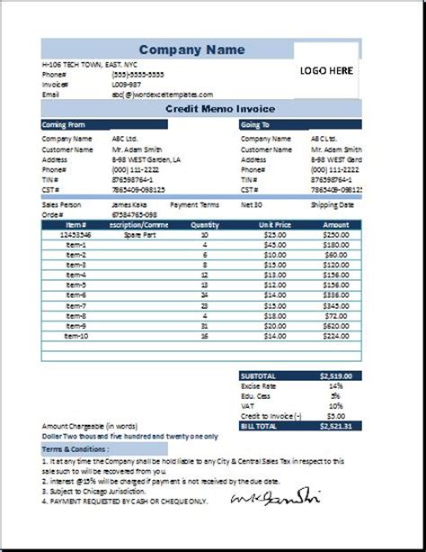 ms excel credit memo invoice template word excel templates