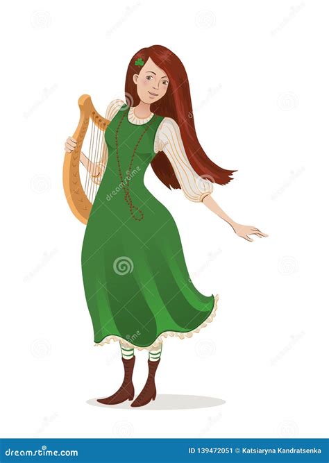 Irish Girl In A Green Dress With A Harp Cartoon Character For St