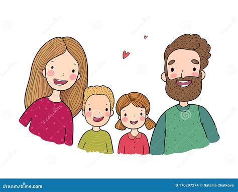 Una Familia Feliz Padres Con Hijos Dibujo De Papá Mamá Hija Hijo Y