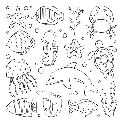 Hand Drawn Set Of Fish And Wild Marine Animals Doodle Sea Life Turtle