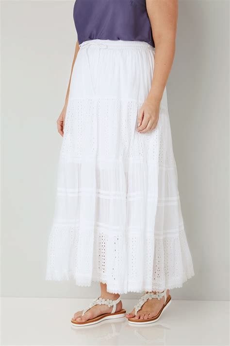 White Tiered Broderie Maxi Skirt Plus Size 16 To 36