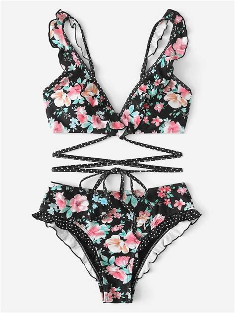 Random Flower Print Ruffle Trim Bikini Set Sheinsheinside Floral