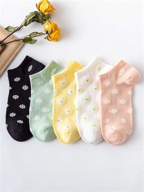 5pairs Daisy Floral Ankle Socks Romwe Usa Socks Photography Clothing Photography Cotton