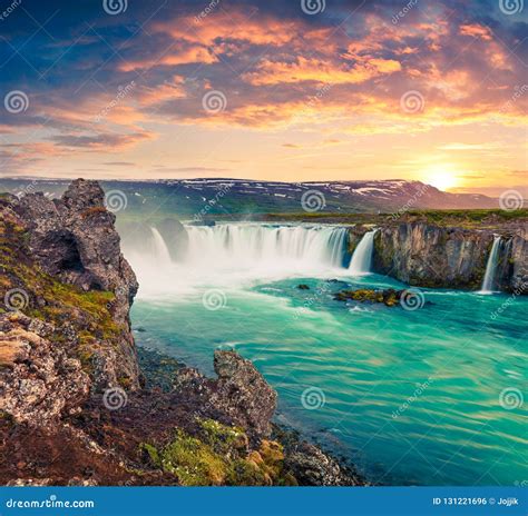 Picturesque Summer Morning Scene On The Godafoss Waterfall Stock Photo