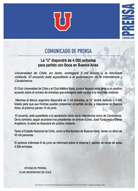 G B G Deportes Comunicado De Prensa De U De Chile 4500 Y 3000 O No