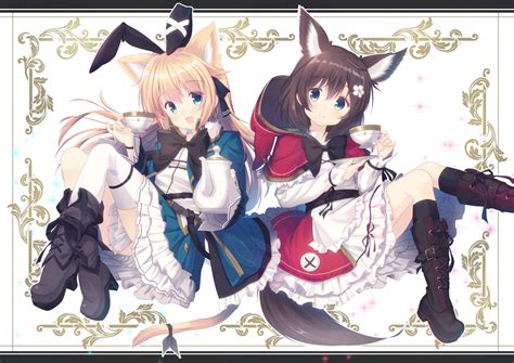 2girls Animal Ears Blonde Hair Boots Bow Brown Hair Bunny Ears Cape