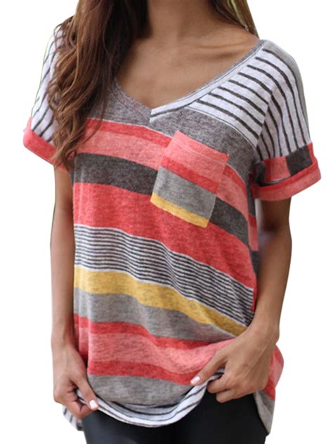 women summer short sleeve t shirt blouse loose irregular striped v neck tops plus size