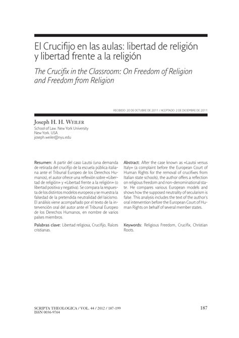 PDF El Crucifijo en las aulas libertad de religión y libertad frente a la religión