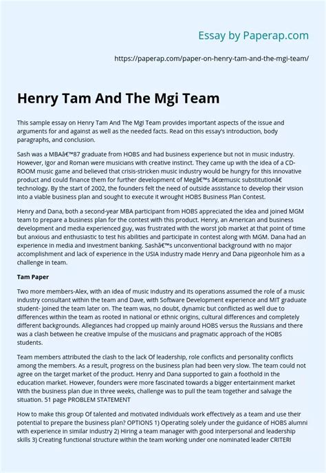 Henry Tam And The Mgi Team Free Essay Example