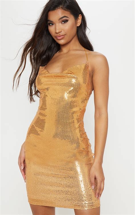 Gold Cowl Neck Sequin Bodycon Dress Prettylittlething Usa