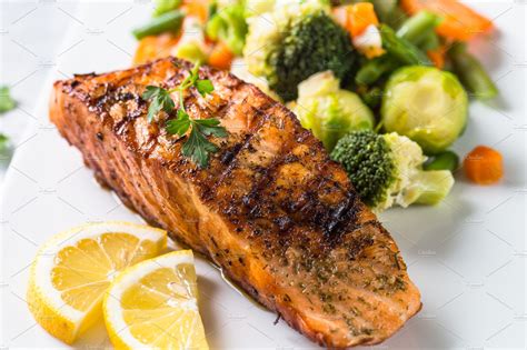 Grilled Salmon Fillet With Vegetables Mix High Quality Food Images