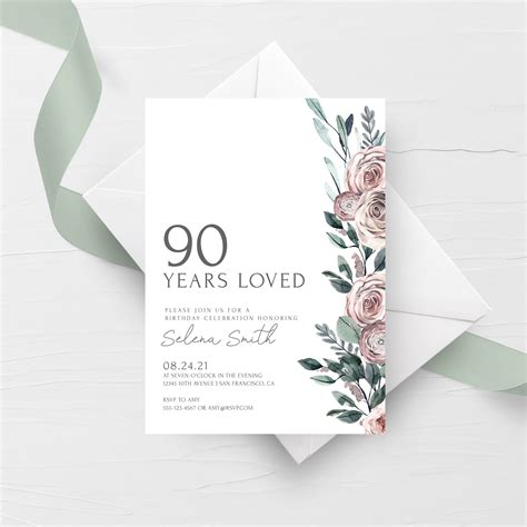 90th Birthday Invite Template Boho Rose 90th Birthday Etsy