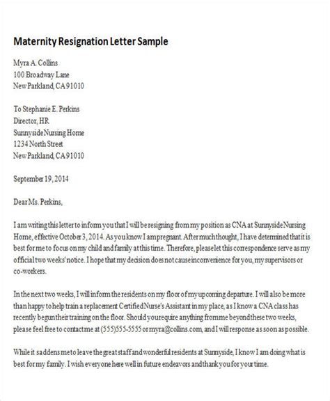 sample maternity resignation letters  word