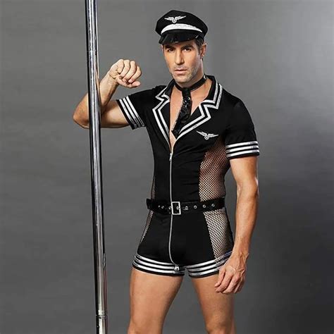 mens sexy lingerie set role play pilot uniform night club dance costume outfit black